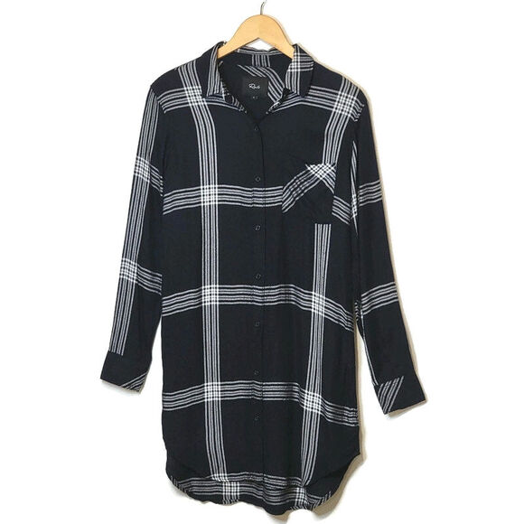 Rails Plaid Navy Blue White High Low Long Sleeve Button Down Shirtdress Size S - Picture 2 of 16